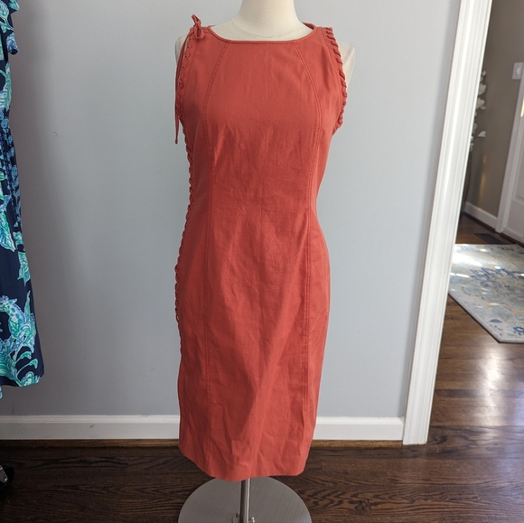 Women's Valentino Roman Orange Coral Lace Up Sign Denim Dress US 10 46 - Picture 7 of 10